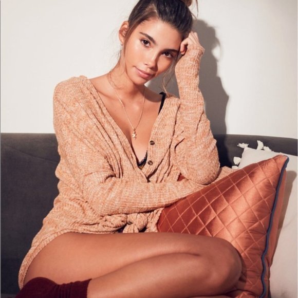 Urban Outfitters XS Out From Under Orange‎ Thermal Waffle Knit Jojo Slouchy Top - Picture 2 of 6